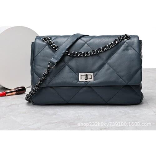 2021 Sheep Skin Women Leather Flap Cover Handbag Plaid Chain Crossbody Bags