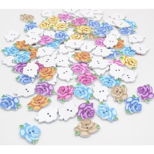50pcs Cute Rose Shaped Wooden Buttons 2 Holes Mixed Sewing Accessories Wood Botton For Clothing DIY Scrapbooking