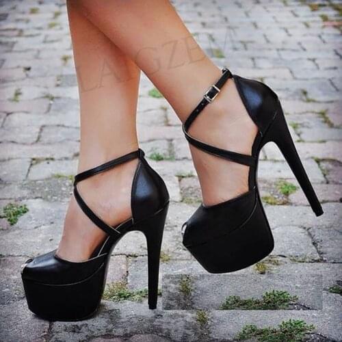BERZIMER Women Platform Pumps Cross Straps High Heels Peep Toe Sandals Prom Party Ladies Unisex Shoes Woman Big Size46 50 51 52