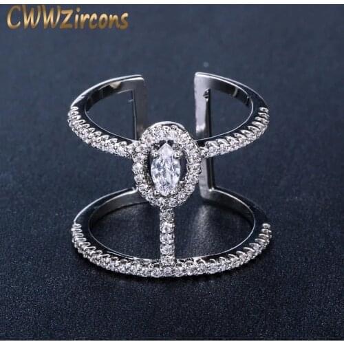 CWWZircons Adjustable Size Fashion Brand Jewelry Micro Pave Cubic Zirconia Stones Silver Color Big Open Rings For Women R065