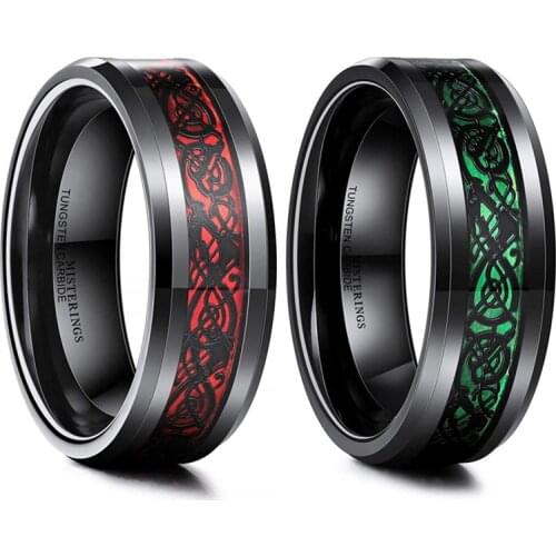 FDLK Fashion 8mm Red Green Carbon Fiber Celtic Dragon Ring Stainless Steel Wedding Band Comfort fit for Mens Ring Size 6-13