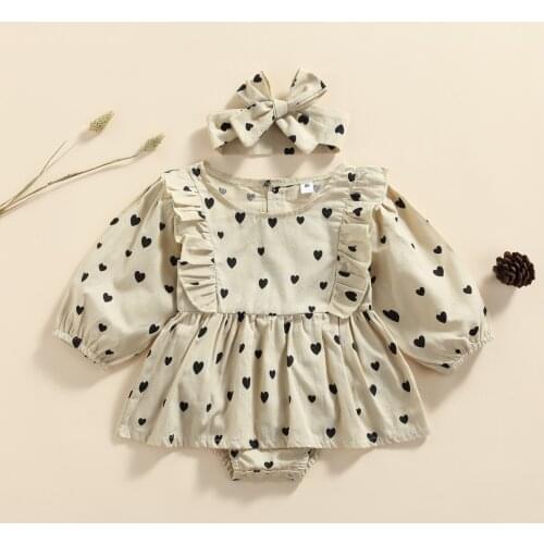 Toddler Baby Girls Long Sleeve Romper Dress with Bow Headband Lover Heart Pattern Print Ruffle Decoration Spring Clothing