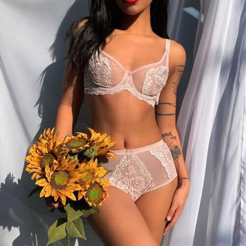 Sexy lace lingerie panty close-up breasted ultra-thin womens bra set with big breasts and small high waist ladies underwear set