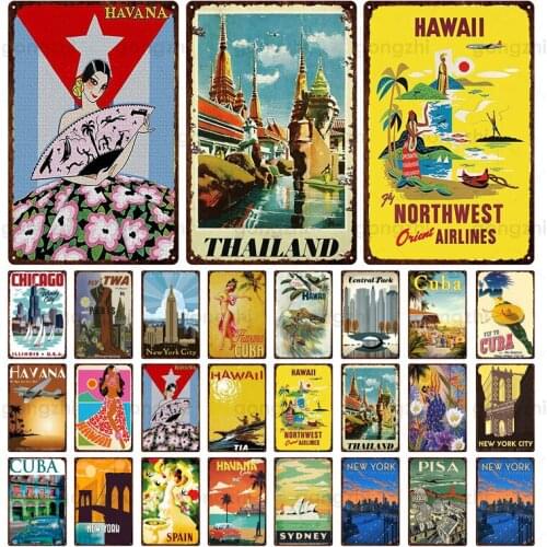 Tourist City Metal Tin Sign Vintage Retro Hawaii Cuba Paris Famous Landscape Iron Painting Bar Shop City Poster Plaque 20x30cm