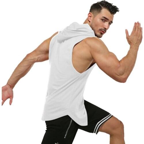 Solid color Summer new sports hooded vest Mens casual fitness vest running training clothing