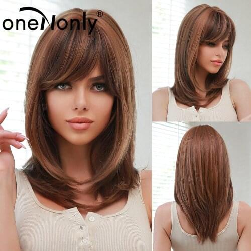 OneNonly Women Brown Medium Length Layered Wavy Synthetic Hair Wigs with Bangs Cosplay Wig Heat Resistant Fiber