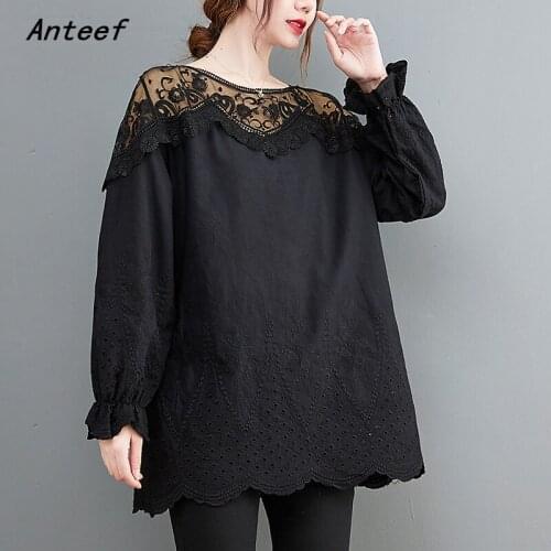 Long sleeve cotton lace mesh autumn korean fashion tshirt vintage tee t shirt casual loose top women 2021 t-shirts clothes