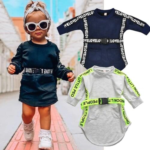 1-6Y Toddler Kids Baby Girl Autumn Dress Girls Long Sleeve Letter Fluorescent Striped Belt Long Sweater Dress Party Casual Dress