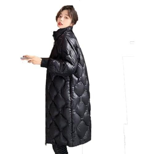 Down Cotton Womens Mid-Length Stand-up Collar Coat 2021 Winter New Shiny Long Padded Coats Femme Black Warm Overcoat Girl 61