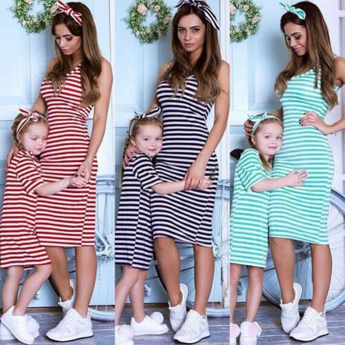 Mother Daughter Dress Family Matching Outfits Short Sleeve Stripe Dress Summer Girl Women Boho Loose Dresses Sundress Clothes