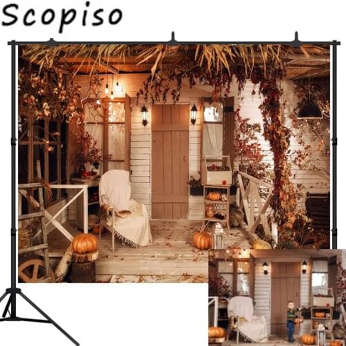 Scopiso Halloween Photography Backdrop Autumn Wood House Courtyard Leaves Pumpkins Photo Background Child Photophone Studio