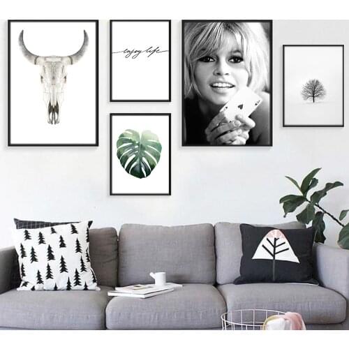 Scandi Boho Black White Cow Skull Poster Enjoy Life Quote Canvas Painting Style Wall Art Print Pictures For Living Room Decor