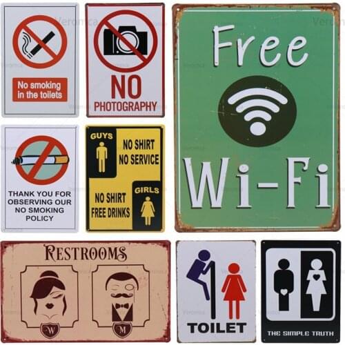 Wc Free Wifi Toilet No Smoking Vintage Metal Sign Poster Plaque Tin Signs Iron Painting Pub Club Restroom Toilet Decor Plates