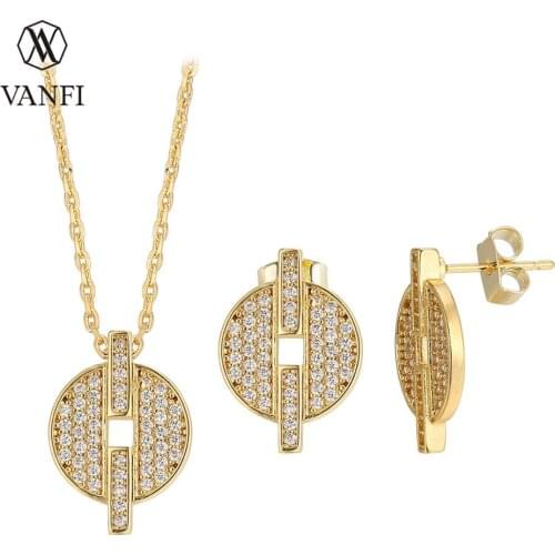 Vanfi good selling gold color copper cubic zirconia pendant chain necklace and stud earrings jewelry set