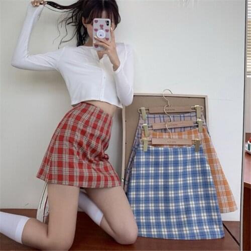 Womens Plaid Short Skirt Korean Vintage A-Line High Waist Ulzzang Skirts Sweet Kawaii Harajuku Female Mini Skirts Clothing