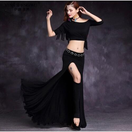 Women Modal Dance Wear Off-shoulder Top Side Slit Skirt Belly Dance Practice Costume Suit For Girls 2Pcs Set Tassel Top Skirt