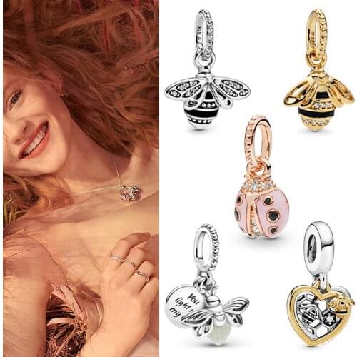 100% 925 Sterling Silver Charm Lucky Pink Ladybug Pendant Fit Pandora Women Bracelet & Necklace Diy Jewelry