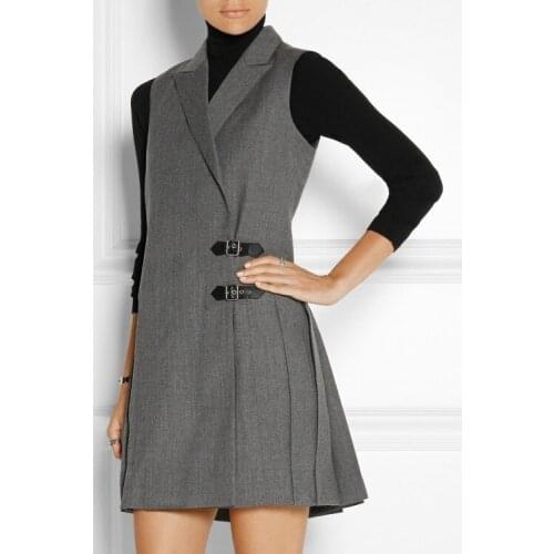 Womens Elegant Turn-down Collar Medium Long Vest, Pleated Design Gray Ladies Work Wear Vest