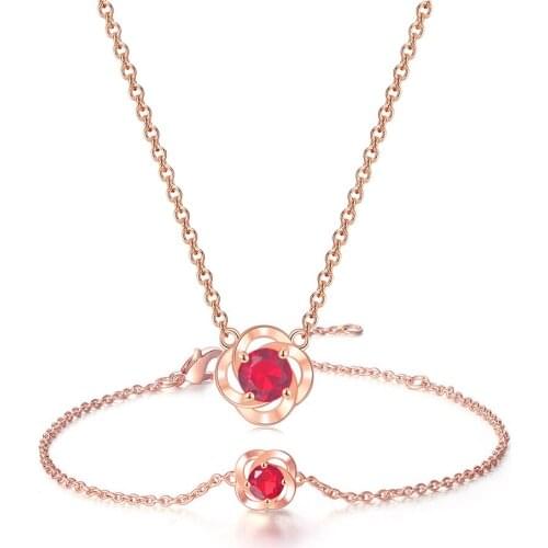 ZHOUYANG Necklace Bracelet Jewelry Set For Women Korean Cute Red Flower Zircon Rose Gold Color Wedding Jewellry Wholesale S536