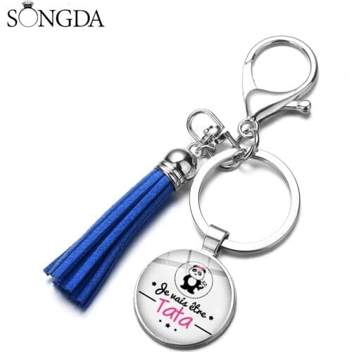 Fashion Super Tata Pendant Keychain French Letter Cartoon Printed Glass Dome Tassel Key Ring Best Gift For Teacher Women