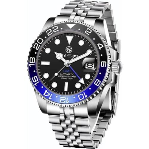 TESEN Brand Business Mens Watches Men Top Automatic Mechanical Waterproof GMT Watch Men Luminous 316L Stainless Steel Wristwatch