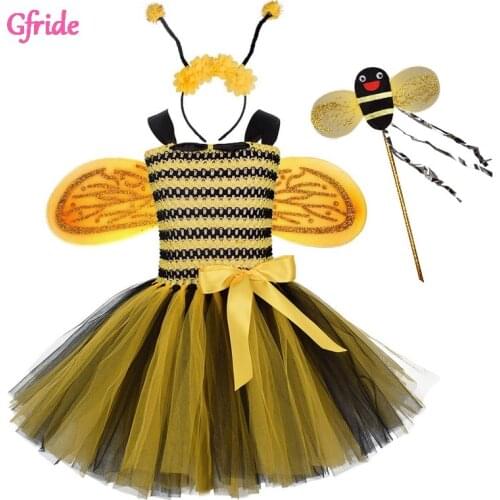Baby Girls Bee Costume Wings Headband Magic Wand Childrens day Gifts Kids Cosplay Princess animal Tutu Dress fancy Accessories