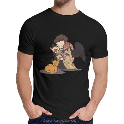 Men Supernatural T-Shirt Spn Brothers Castiel And Kittens Slim Anime Classic O-Neck Cartoon Design Tshirt Tees Harajuku