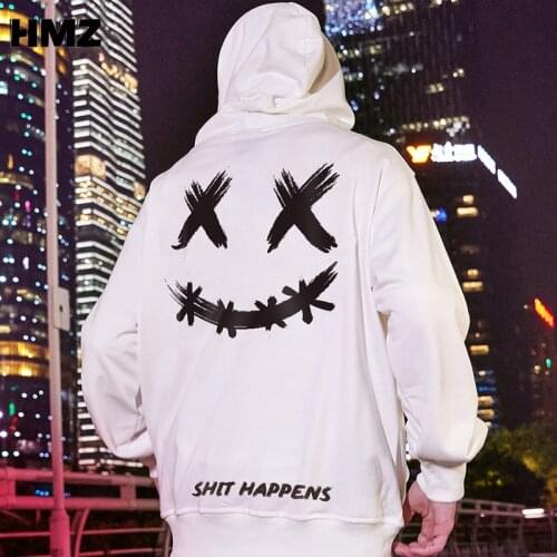 HMZ Smiley Printed Pullover Hoodies Men Casual Streetwear Hooded Sweatshirts Hip Hop Men Harajuku Male Tops Fashion White Hoodie
