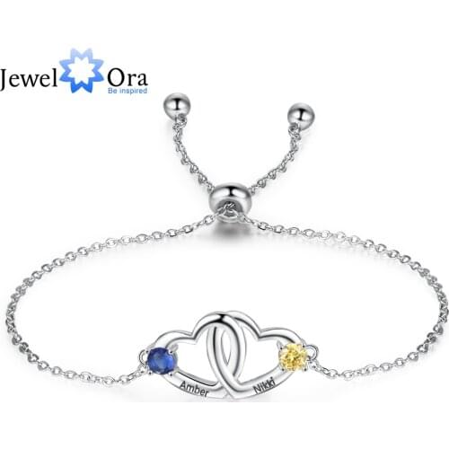 JewelOra Customized Birthstone Double Heart Bracelets for Women Personalized Name Engraved Bracelet New Year Gifts for Lovers