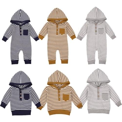 FOCUSNORM 0-4Y Autumn Infant Baby Boys Striped Romper/Hoodies Long Sleeve Causal Jumpsuits Tops Outfits 3 Colors