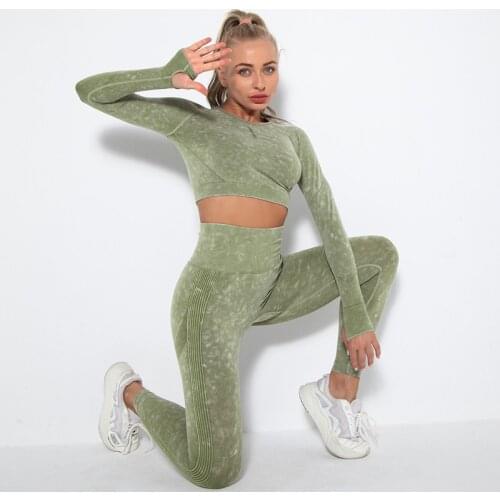 2Pcs Seamless Yoga Set Sport Outfit Woman Gym Tracksuit Clothing Long Sleeve Crop Top High Waist Leggings Fitness Sports Wear