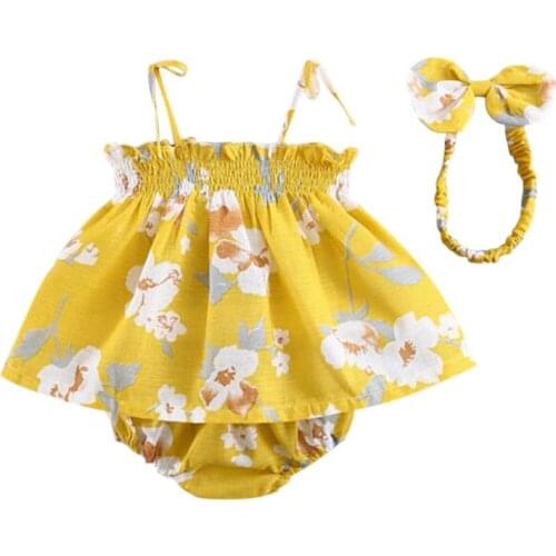 Summer Baby Girl Outfits Set Flower Printed Sleeveless Top T-shirt+Shorts+Headband 3 Pcs Infant Clothes