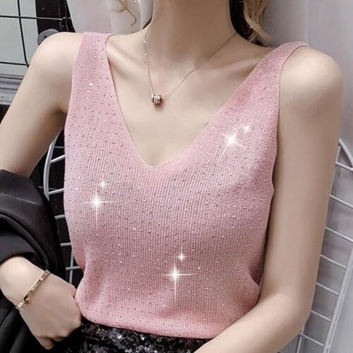 Tank Top Women Pullover Summer Diamond Knit Tank Top Blusas Mujer De Moda 2021 Tops for Women V-Neck Knitted Tank Top Camis E891