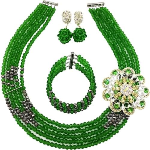 Fashion Green Silver Multi Strands Nigerian Wedding Necklace Costume African Beads Jewelry Set for Women 5L-YH08