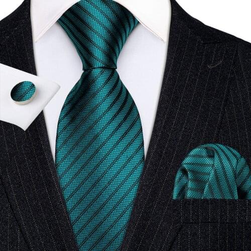 Fashion Luxury Teal Blue Striped 100% Silk Ties Gifts For Men Wedding Barry.Wang NeckTie Hanky Sets For Groom Business LN-5311