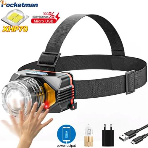 60000LM Powerful XHP70 LED Headlight Sensor Head Light USB Rechargeable Headlamp Head Torch Camping Light With Built in Battery