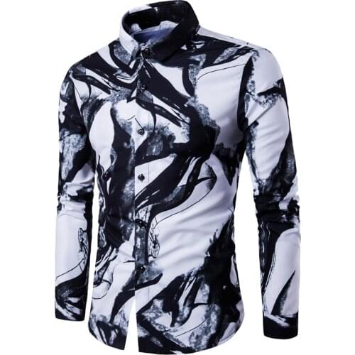 Men printing lapel Shirt Long Sleeve Fashion Mens Casual Shirts Cotton Business Slim Fit Social Camisas Masculina S-2XL