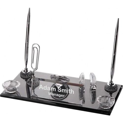 Crystal Glass Desk Name Plate and Pen Desk Stand Set - Personalized Name Plate, Crystal Clock, Custom Engraved Awards, Teachers