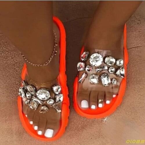 New rhinestone bright diamond slippers crystal Hollow flat Slide ladies open toe Comfort slip on Outdoor beach sandals