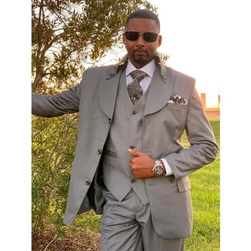 2020 New Arrival Latest Design Grey Mens Wedding Prom Suits Three Pieces Groom Tuxedos Blazer Masculino Jacket+Pants+Vest