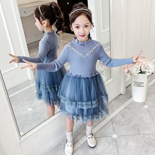 New Arrival Girls Fashion Pearls Beading Princess Dress Childrens Lace Tulle Spliced Dresses Kids Cute Knitted One Piece B394