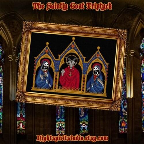 Embroidery Saintly Goat Triptych Medieval Satanic Gothic Cross Stitch Pattern with 100% Cotton Flosses & Free Shipping for Gift