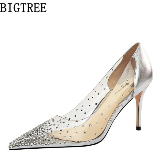 Bigtree Wedding Shoes For Women Hight Heel 2021 Crystal Hight Heels Women Pumps Transparent Heels Talons Hauts Chaussure Femme