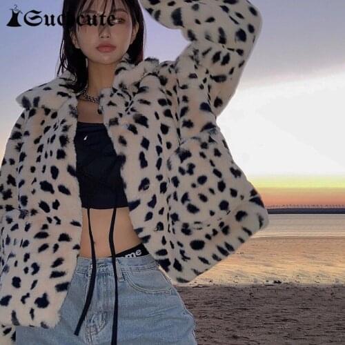 SUCHCUTE Streetwear Gothic Leopard Print Y2K Cropped Jacket For Women Modis Longslive Casual 2020 Winter Harajuku Coat Female