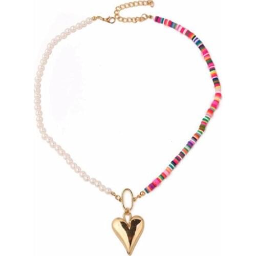 Bohemian Charm Alloy Necklace Heart Adjustable Tiny Faux Pearl Necklace Polymer Clay Necklace For Women Jewelry