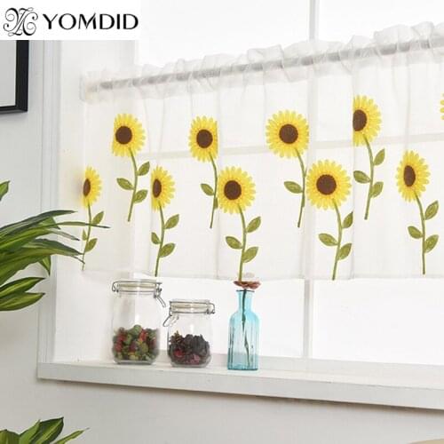 Kitchen Rod Curtain Embroidered Sun Flower Daisy Home/Living Room Decor Finished Polyester Curtains Window Half Short Curtain