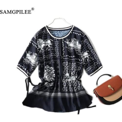 Summer 2021 New Korean Style Geometric Print Drawstring Waist Bow Knot Slimming Chiffon Blouses Women O Neck Half Sleeve Tops