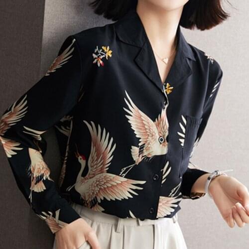 Vintage Crane Printed Womens Shirt Tops Elegant Long Sleeve Button Up Shirt Ladies Casual Women Clothing Chemisier Femme 16207