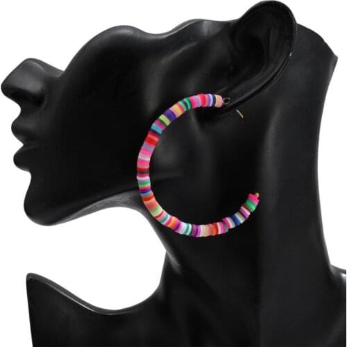 1 Pair Bohemian Flat Round All-match Rainbow Polymer Clay Beads Women Circled Hoop Stud Earring Jewelry Gift Accessories