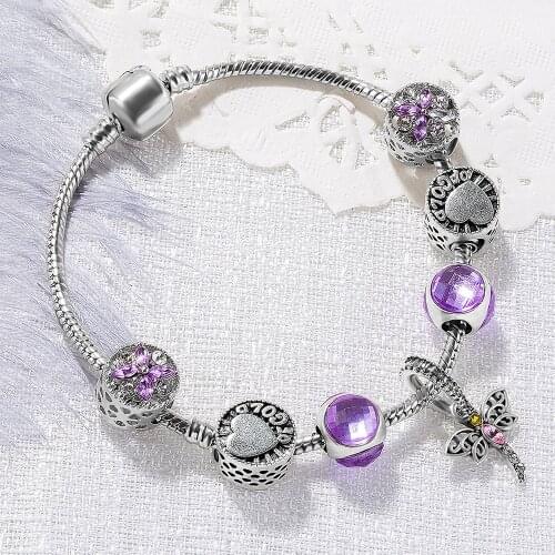 High Quality 8 Style Charm Bracelet Women Crystal Heart Tree Dragonfly Pendant Bangles Fit Girl DIY Bead Bracelets Jewelry Gifts